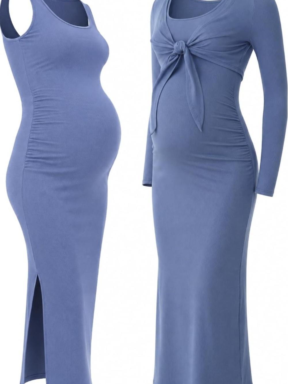 2 Pc Maternity Ribbed Bodycon Maxi Dress Cropped Cardigan Set Side Slit Ruched